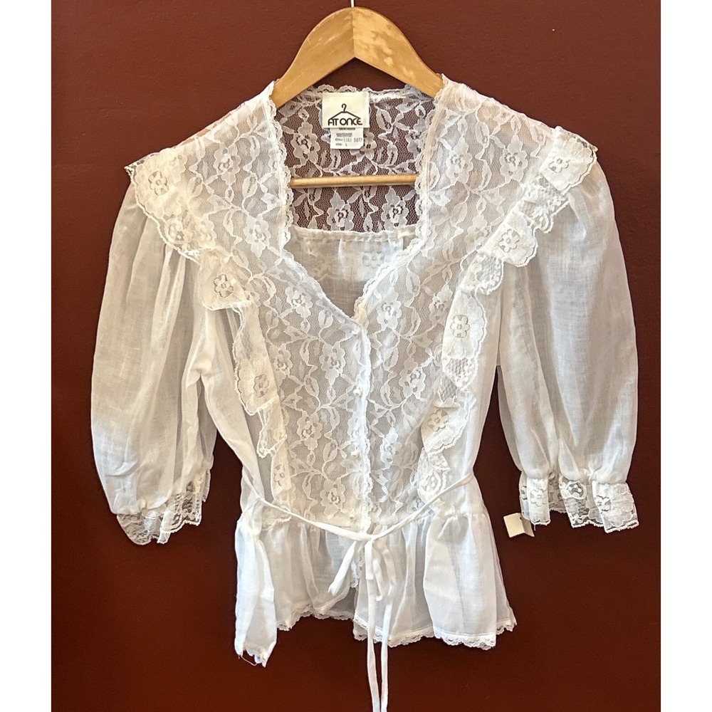 Vintage 80s At Once Lace Peplum Blouse Cottagecore Coquette Victorian Fairycore